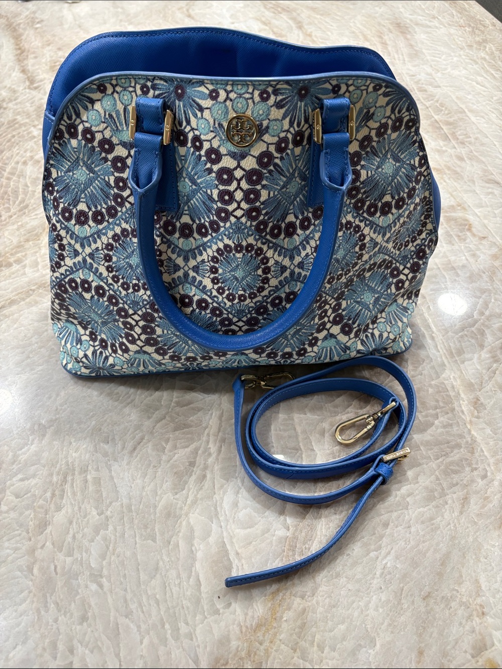 Tory Burch Blue Floral Geometric Dome Satchel with Removable Strap - Picture 1 of 8